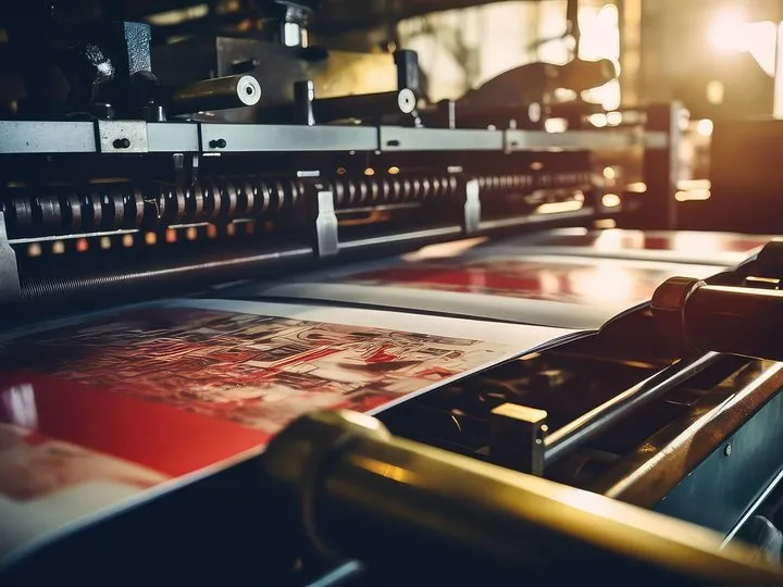 Bogen mit farbigem Druckbild beim Auslauf aus einer Offsetdruckmaschine