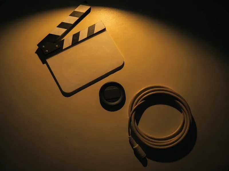 Filmklappe mit leerer Tafel, Objektivdeckel und aufgerolltes Kabel auf dunklem Tisch