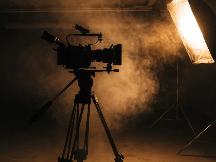 Filmkamera auf einem Stativ vor einer Studioleuchte, Rauch im Gegenlicht