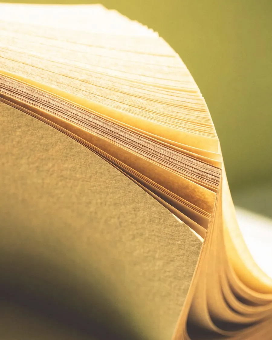 Nahaufnahme der aufgefächerten Seitenkanten eines dicken Buches