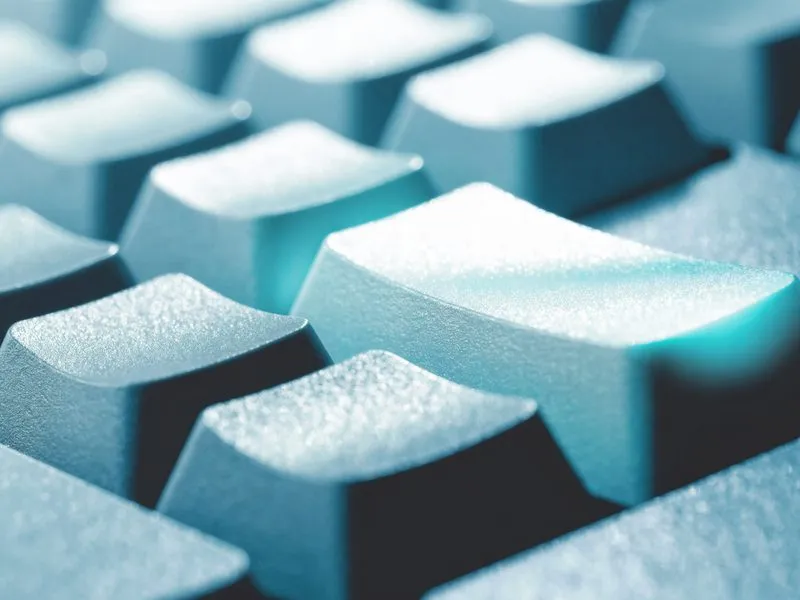 Makro einer Tastatur, eine einzelne Taste ist türkis beleuchtet
