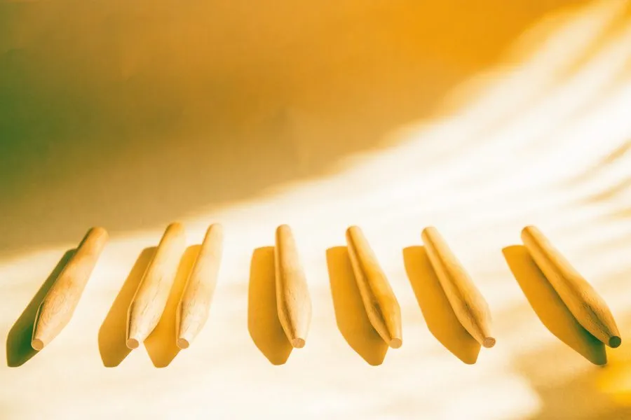 Mehrere schlichte Holzstifte liegen in einer Reihe auf cremefarbenem Papier